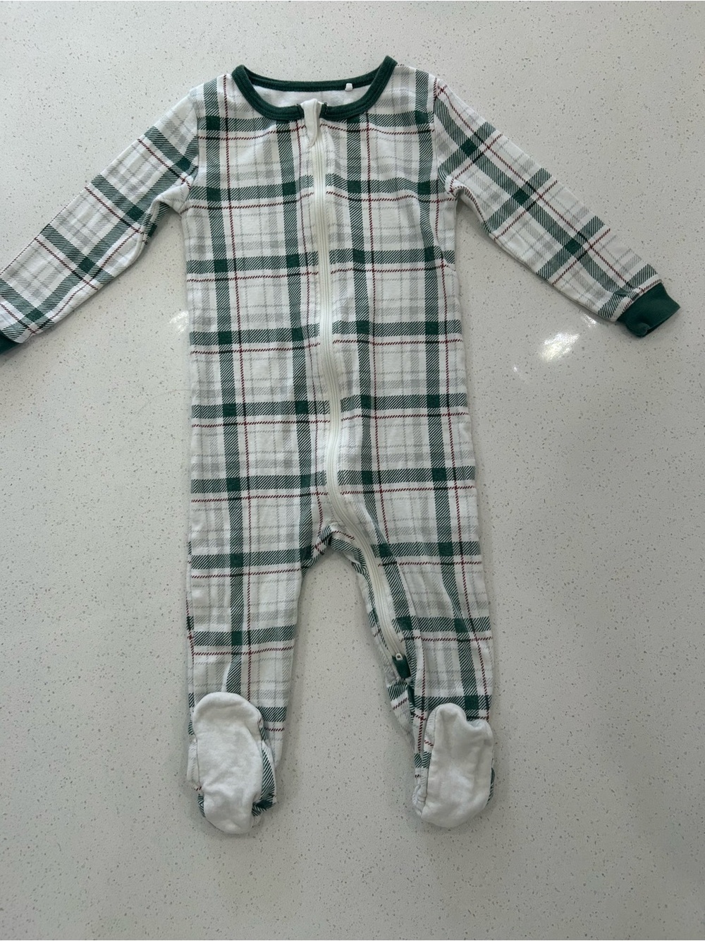 Petit lem Plaid Green Trim Kids One-Piece Footed Pajama